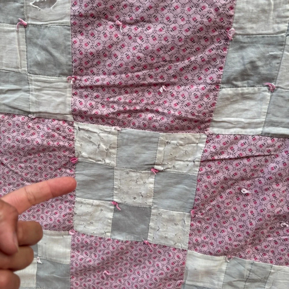 Vintage Handmade Patchwork Quilt Pink Floral Nine Patch Cottagecore Cutter 84x88
